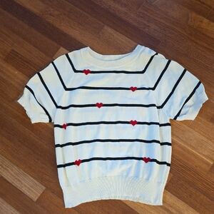 Oxknit Womens Striped Knit Tee- Cream Short Sleeve with Red Hearts- Size L